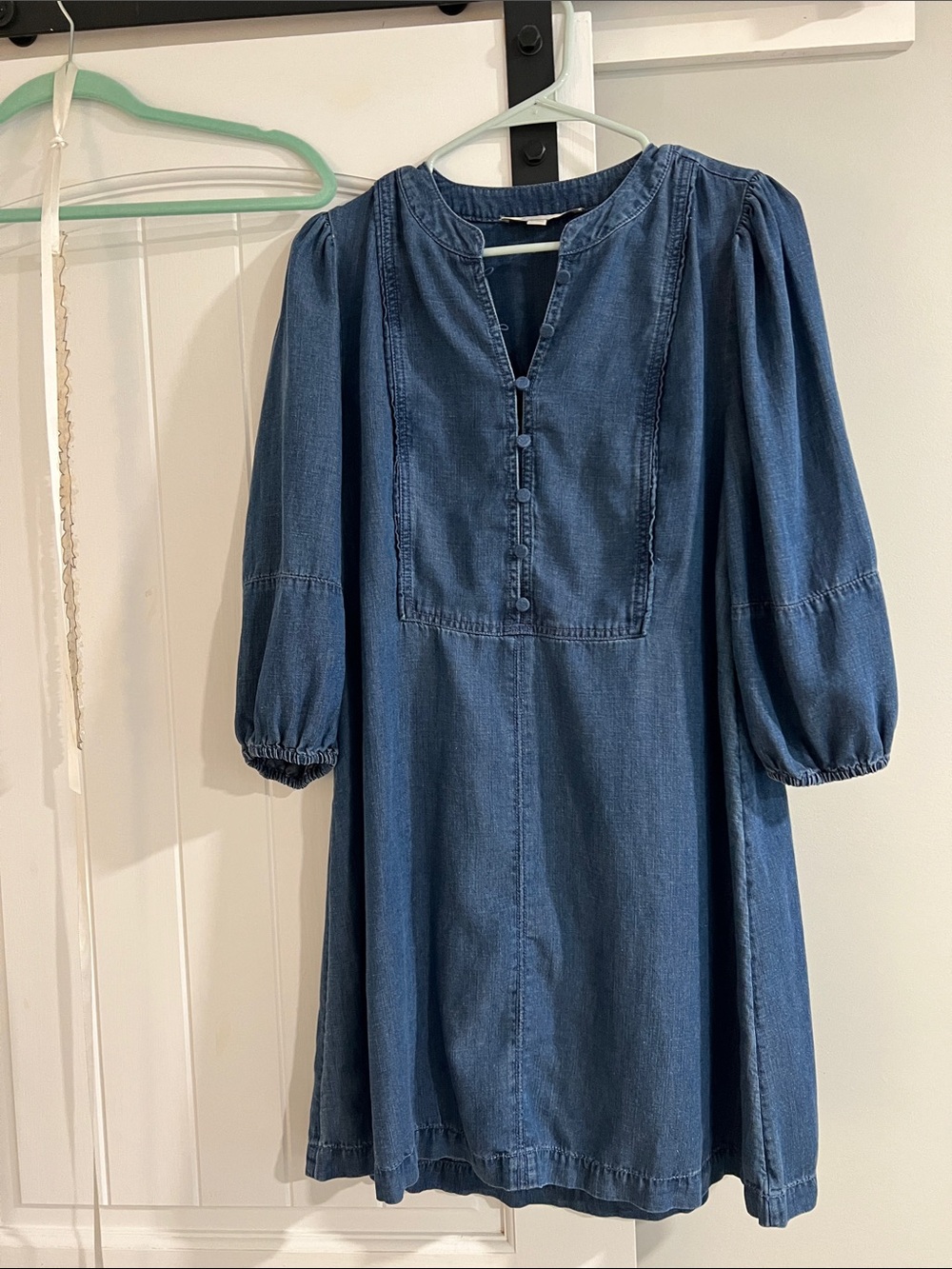 LOFT Denim Blue Midi Dress with Puff Sleeves